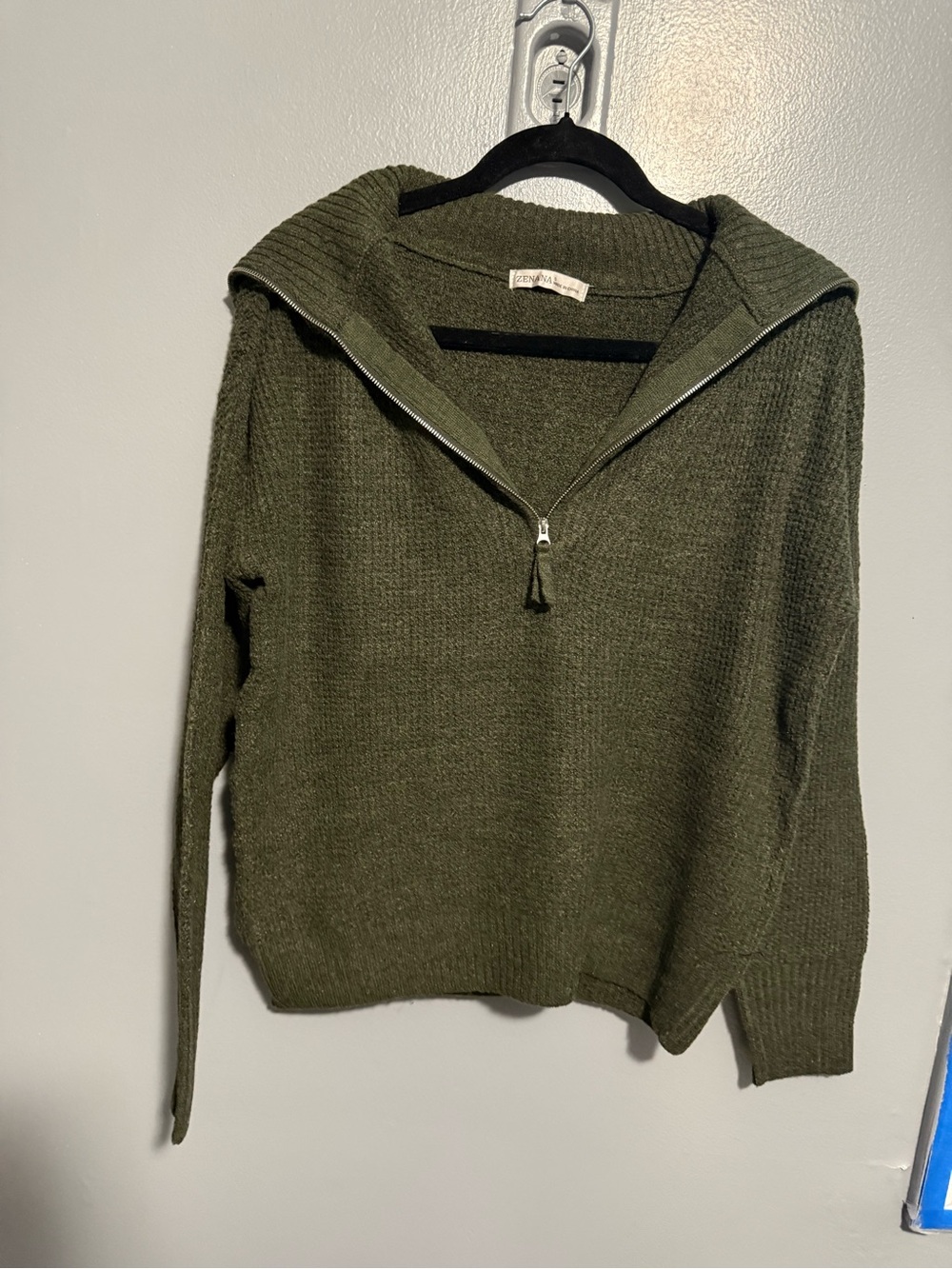 Zenana Cozy DK Olive Half-Zip Pullover Sweater - Picture 2 of 4